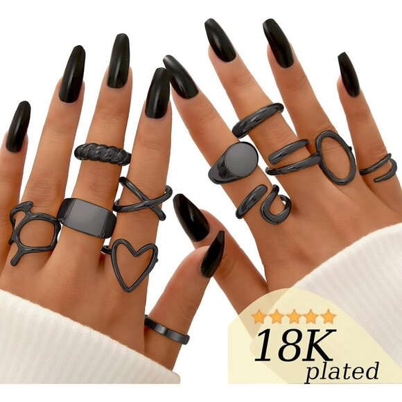 💫 Women Black Knuckle Ring 18KPlated Open Stacking Adjustable Chunky Rings Gift - Picture 2 of 4